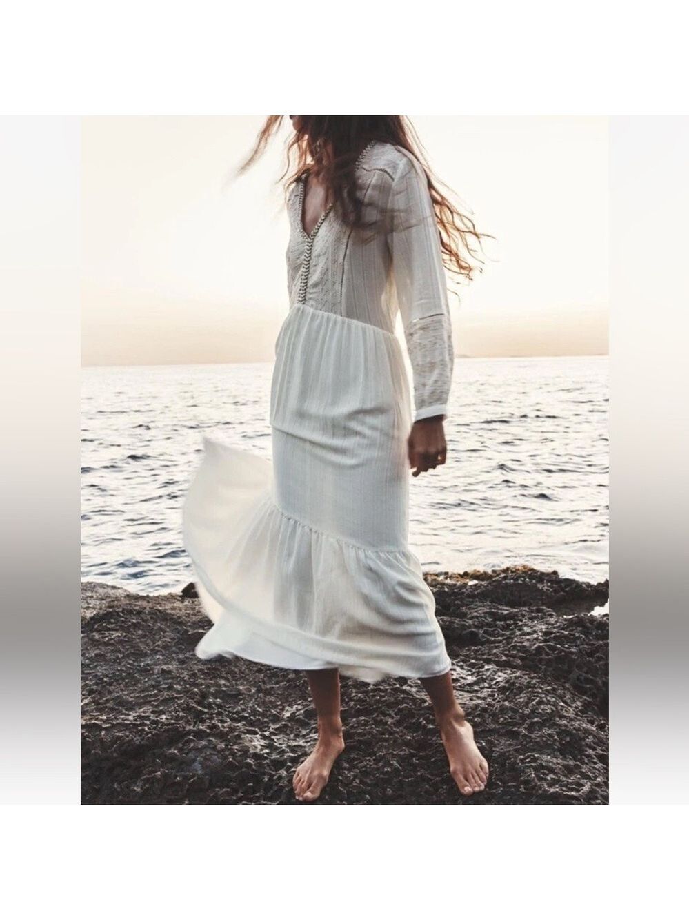 Like New Zara Embroidered Ivory Balloon Sleeve Tiered Bohemian Maxi Dress medium